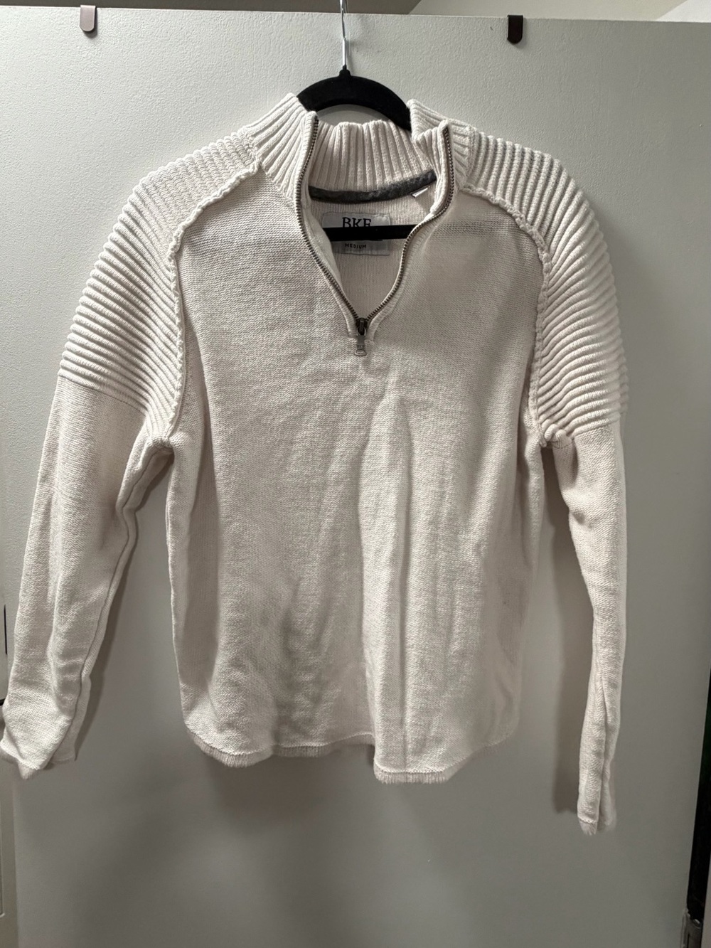 BKE Men's Cream Half-Zip Rib Shoulder Sweater
